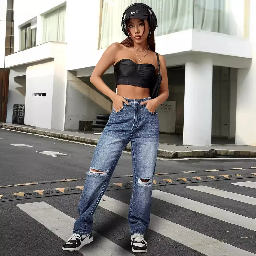 Pantalon décontracté tendance en jean déchiré pour femmes