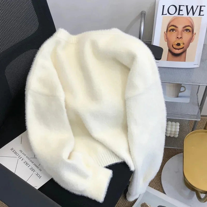 Pull cardigan en velours de vison à boutonnage simple pour femmes