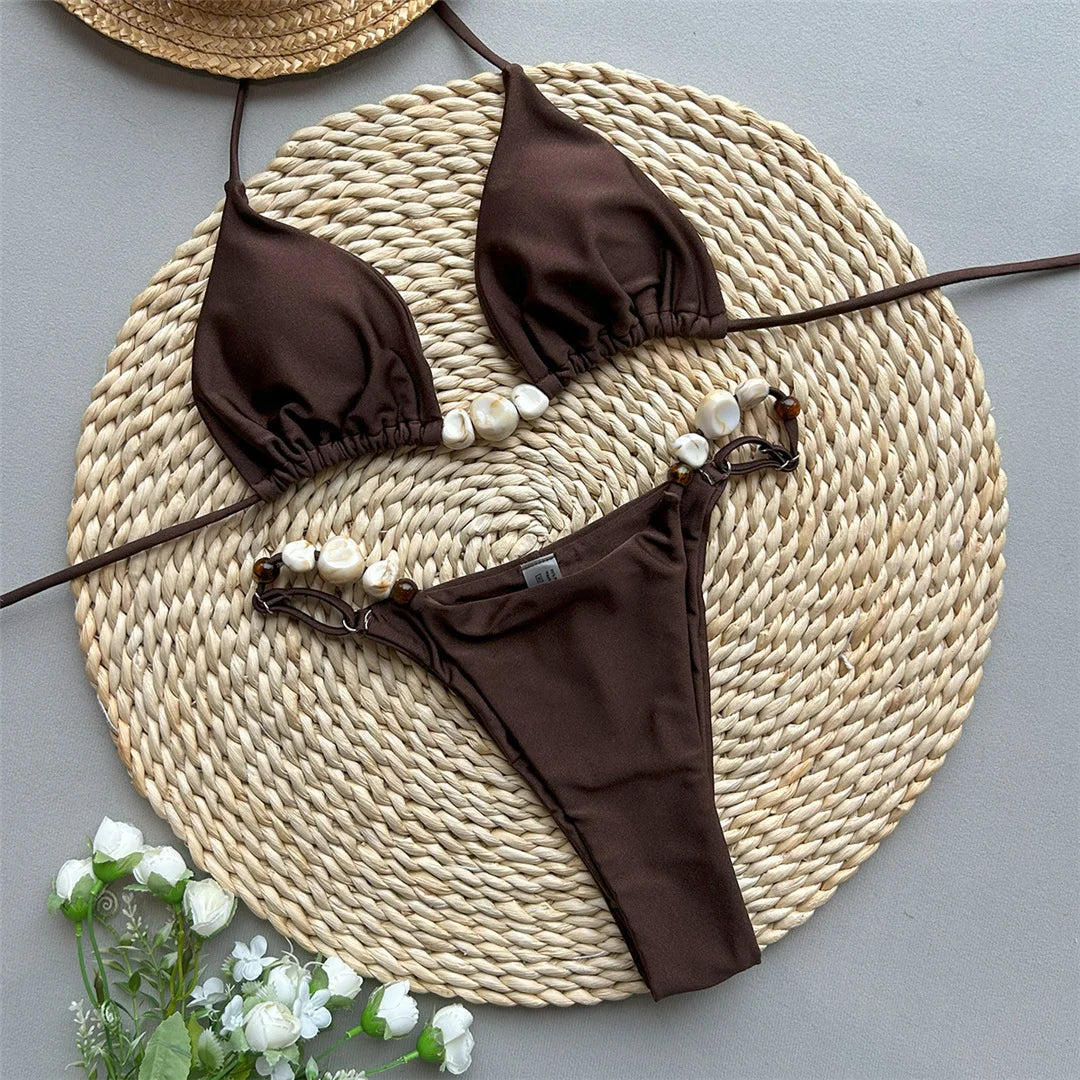Maillot de bain deux pièces sexy et brillant, col licou, coupe haute, pour femmes