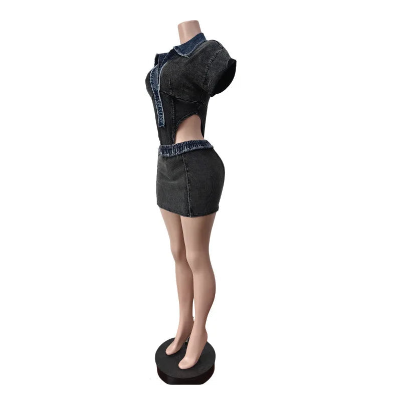 Ensemble 2 pièces body à manches courtes et col rabattu + jupes mi-longues moulantes pour femmes