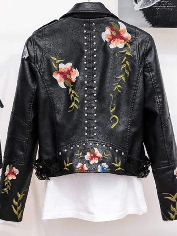 Veste Vintage imprimé fleuri broderie en Pu Faux  pour femmes
