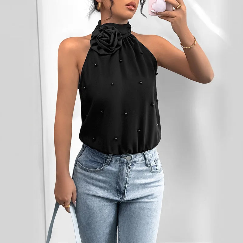 Body noir sans manches et col haut pour femmes
