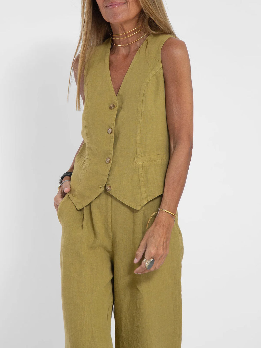 Ensemble deux pièces débardeur et pantalon en coton et lin pour femmes