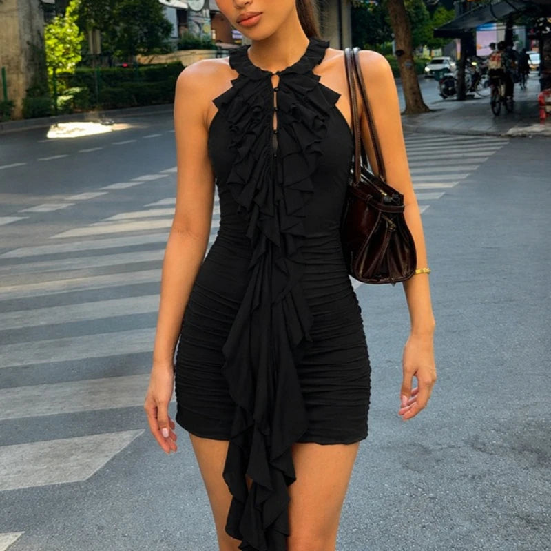 Robe à volants moulante sans manches pour femmes
