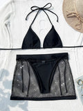 Maillots de bain trois pièces avec damant brillant résille jupe micro pour femmes