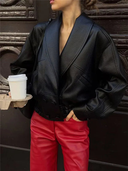 Veste Femme Noire Ample en Similicuir à Col Revers