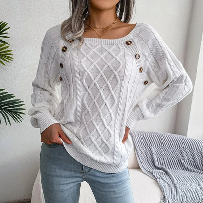 Pull Torsadé Femme – Col Carré Boutonné