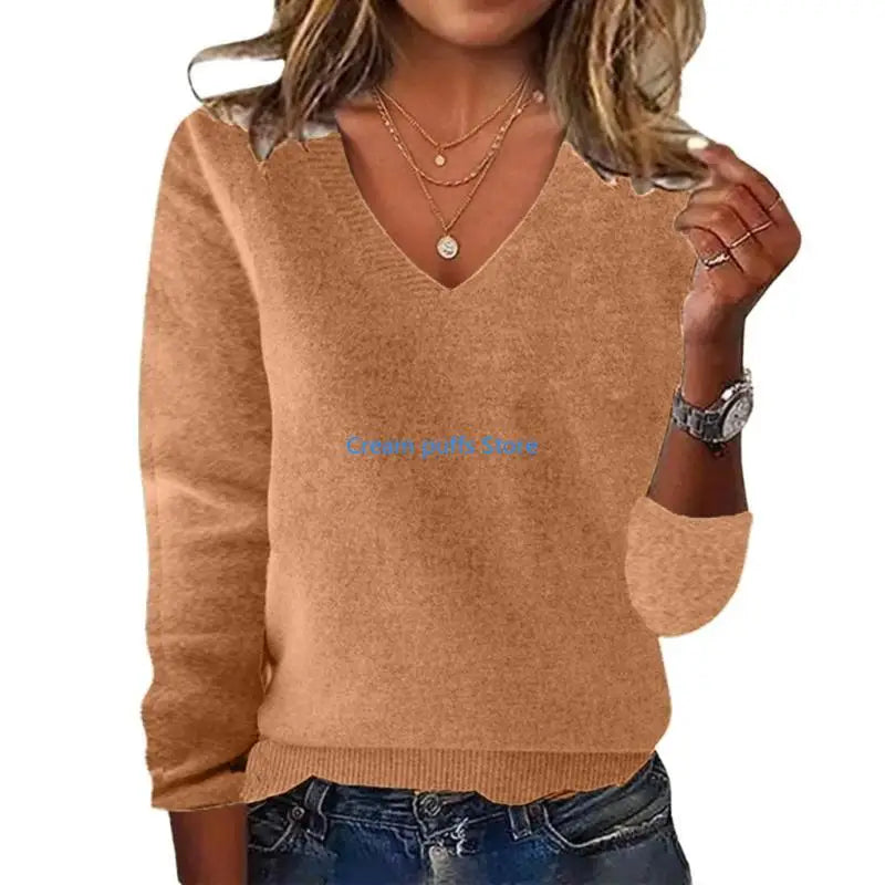 Pull en tricot côtelé doux à col en V pour femmes