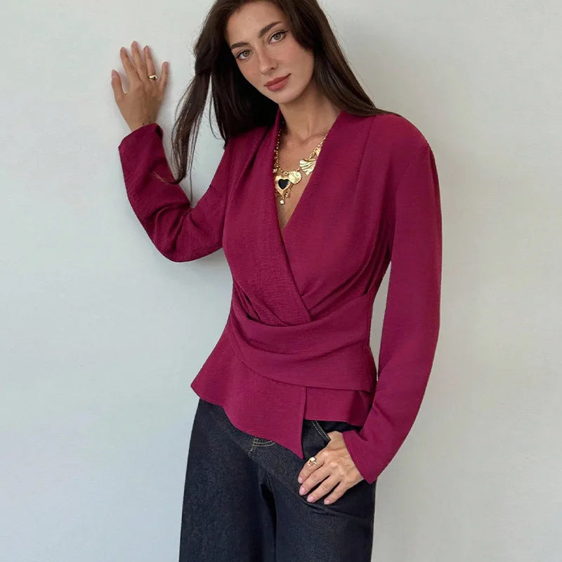 Chemise en soie glacée à manches longues pour femmes