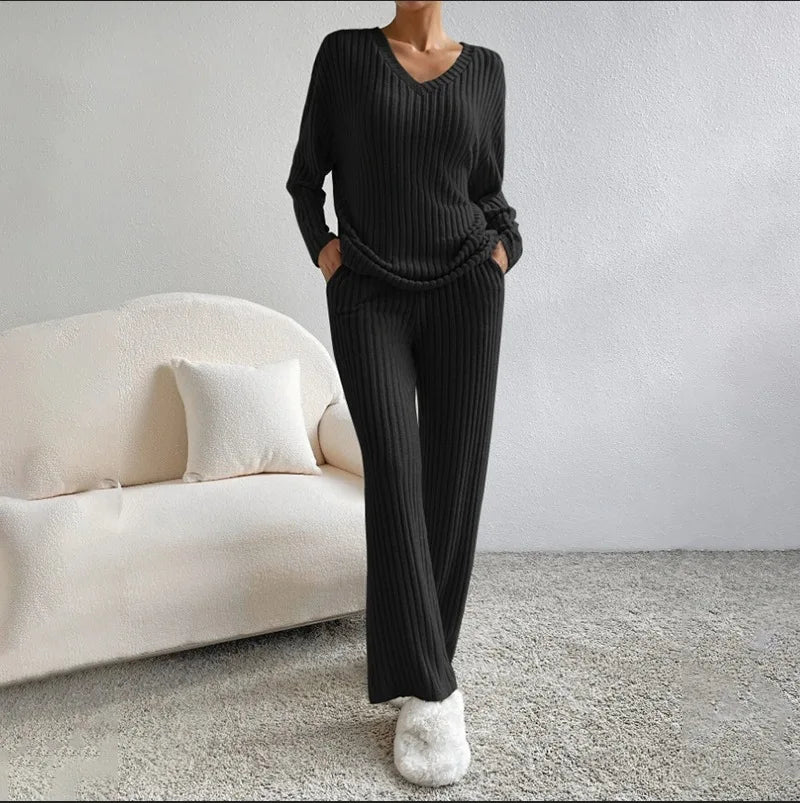 Ensembles 2 pièces pantalons décontractés à jambe droite + hauts élégants en maille à rayures  pour femmes