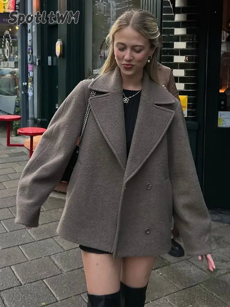 Manteau blazer court en laine unie à double boutonnage pour femmes
