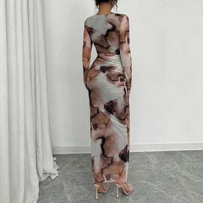 Robe longue femme moulante en maille transparente