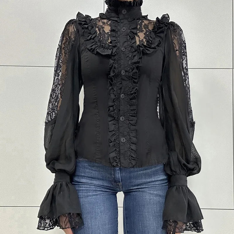 Chemisier femme rétro en dentelle florale à col montant
