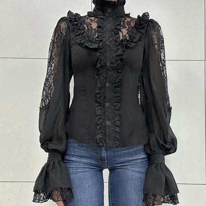 Chemisier femme rétro en dentelle florale à col montant