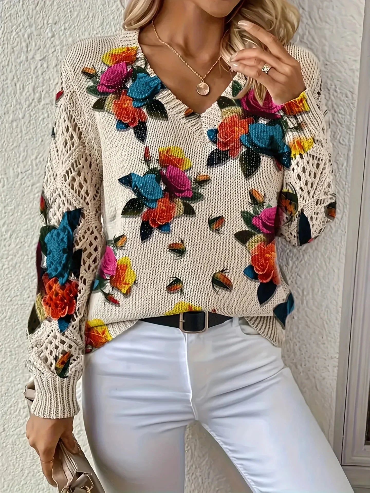 Pull à manches longues et col en v pour femmes