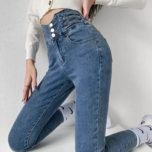 Jean Crayon Vintage Femme – Taille Haute et Quatre Boutons