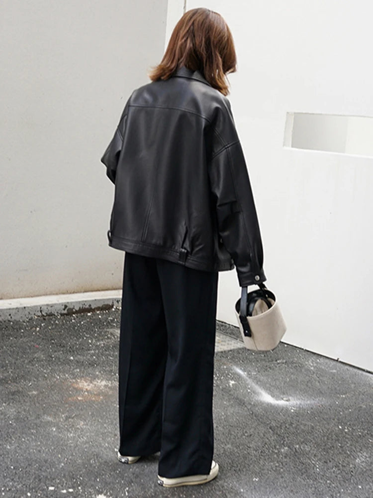 Veste en cuir PU ceinturé à manches longues pour femmes