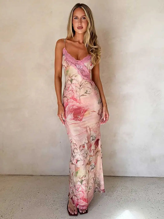 Robe Longue Femme – Dentelle Imprimée Sans Manches