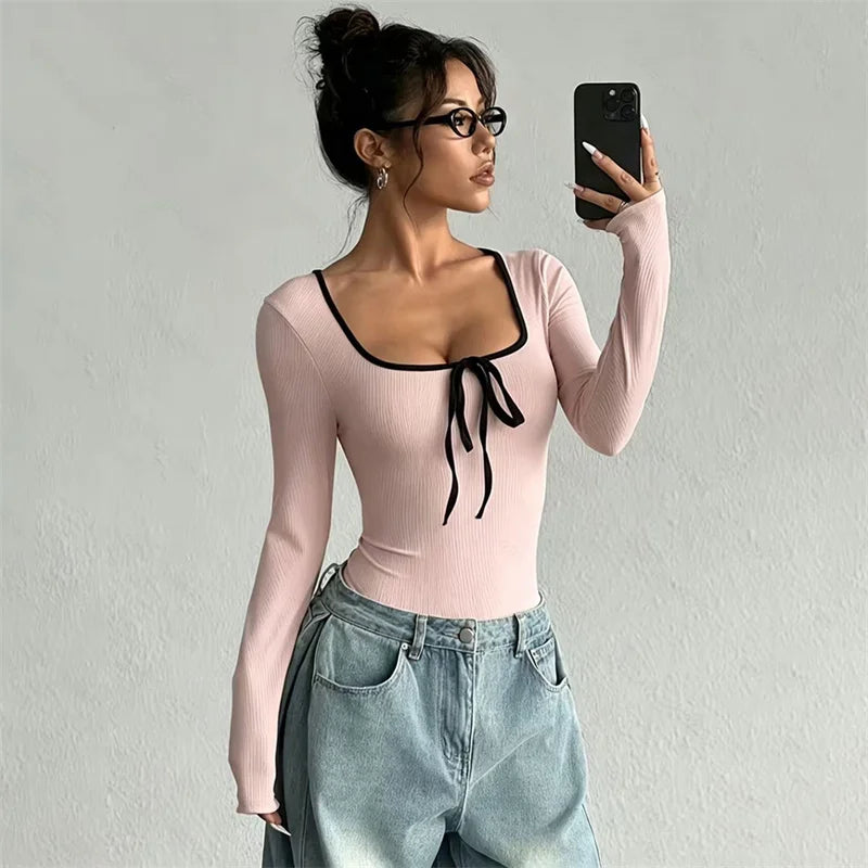 Body Femme Côtelé à Col Carré et Détail Nœud