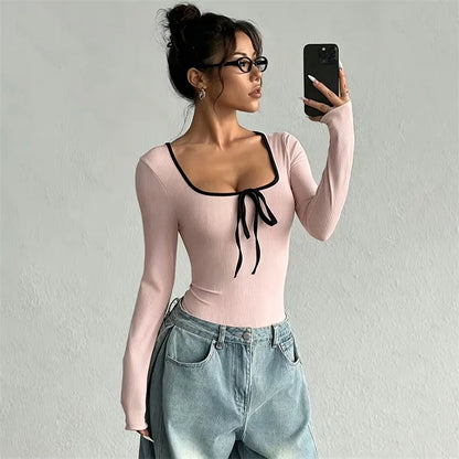 Body Femme Côtelé à Col Carré et Détail Nœud