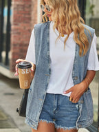Gilet en jean vintage à grand col en V pour femmes