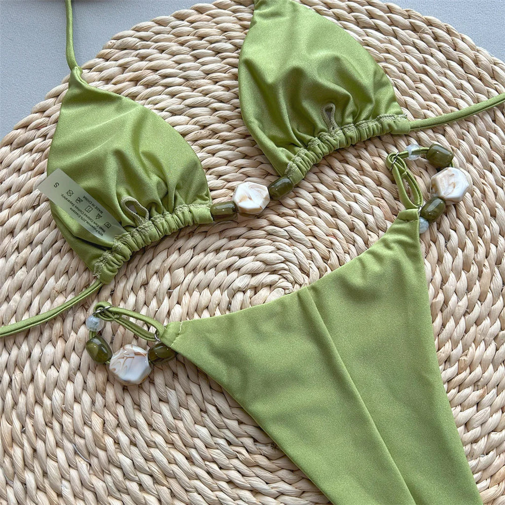 Maillot de bain deux pièces sexy et brillant, col licou, coupe haute, pour femmes
