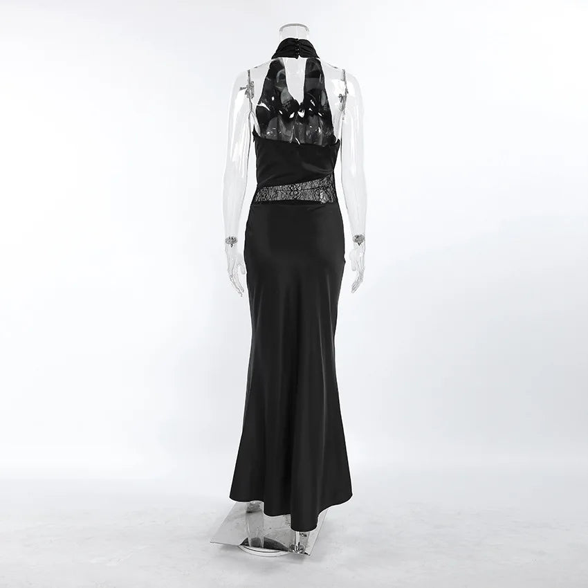 Robe Longue Noire Femme – Col Bénitier, Dos Nu et Dentelle