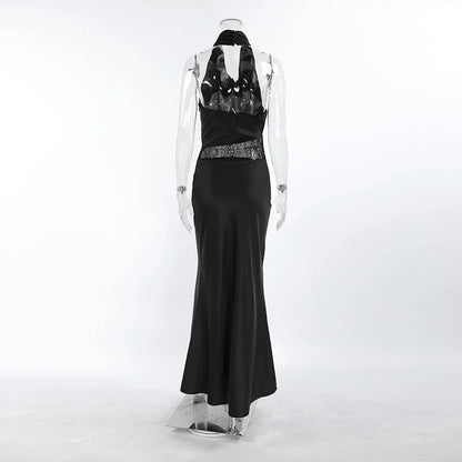 Robe Longue Noire Femme – Col Bénitier, Dos Nu et Dentelle