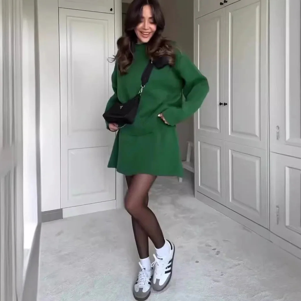 Ensemble deux pièces robe, jupe et pull en maille pour femmes