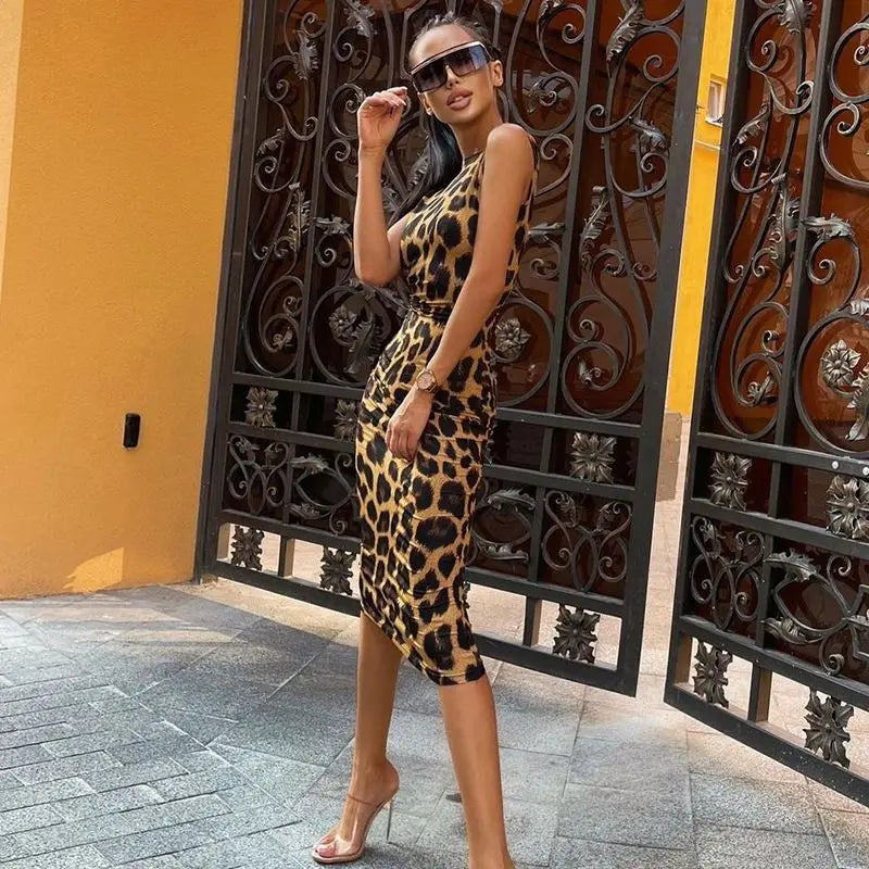 Robe moulante sexy rétro à imprimé léopard pour femmes