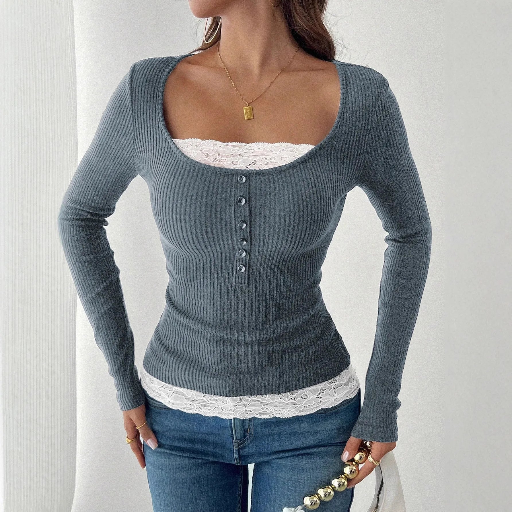 T-shirts en dentelle unie, coupe slim pour femmes