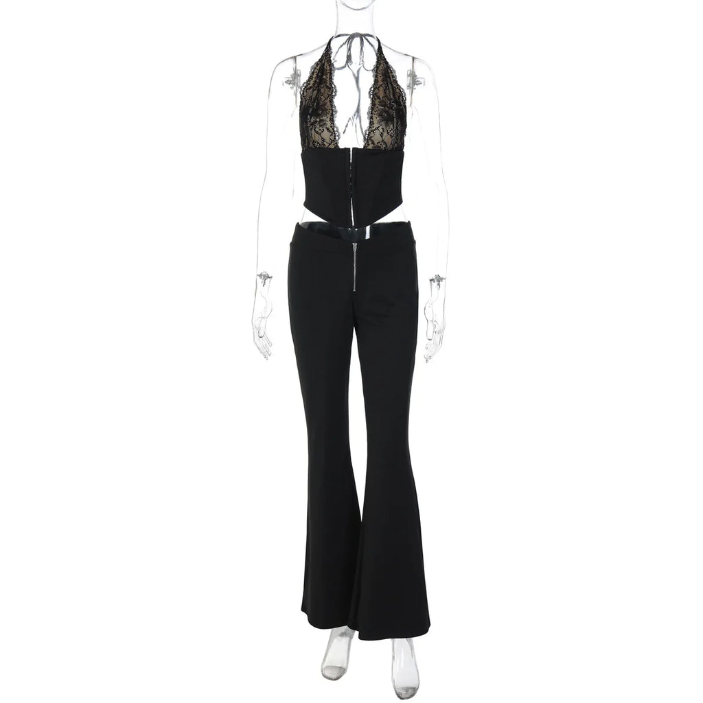 Ensemble composé d'un haut court sans manches à col halter en dentelle florale noire et d'un pantalon long à fermeture éclair pour femmes