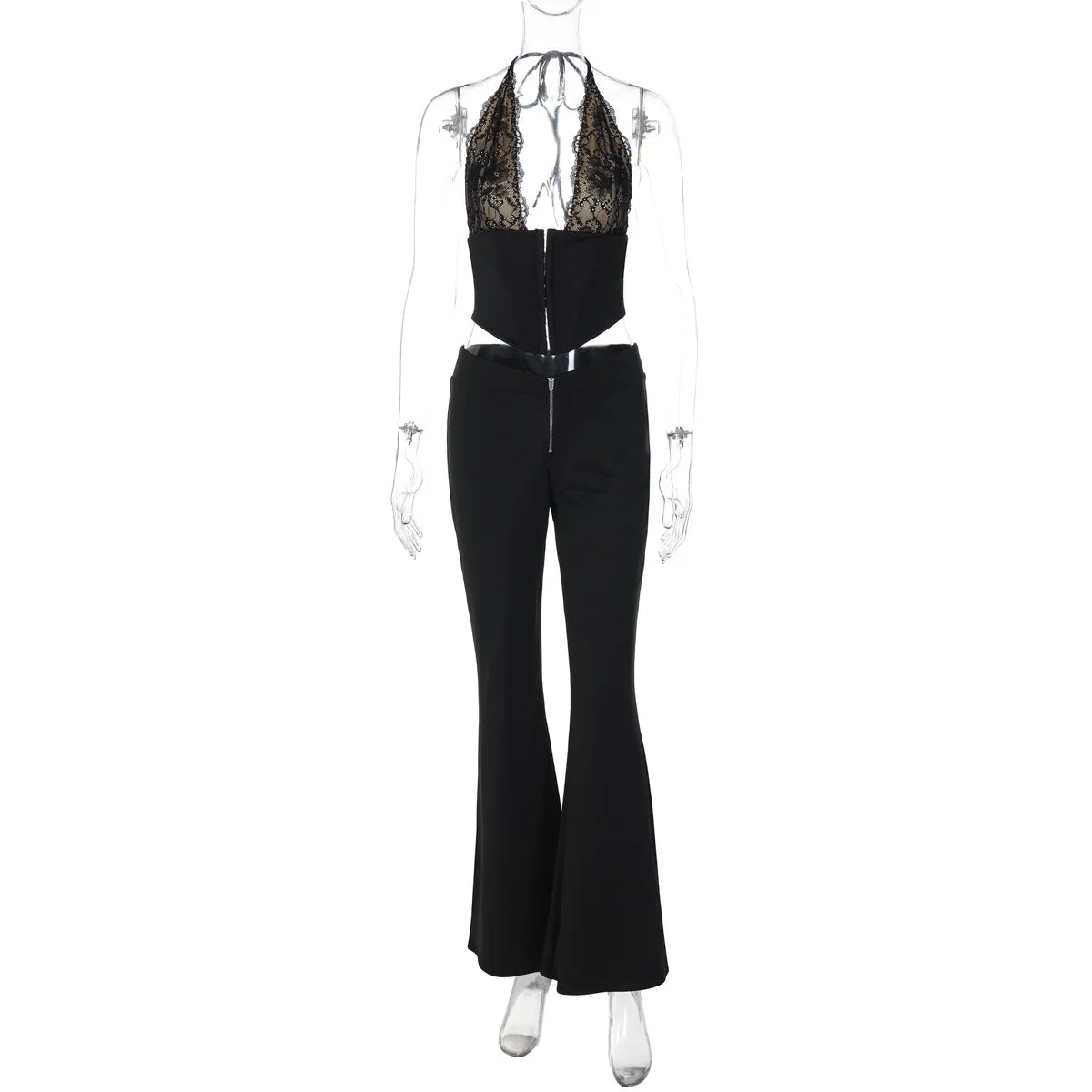 Ensemble composé d'un haut court sans manches à col halter en dentelle florale noire et d'un pantalon long à fermeture éclair pour femmes