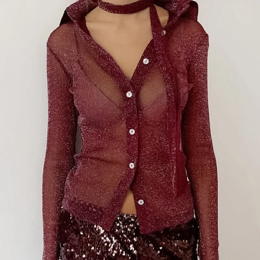 Chemisier Brillant Femme – Transparence et Écharpe