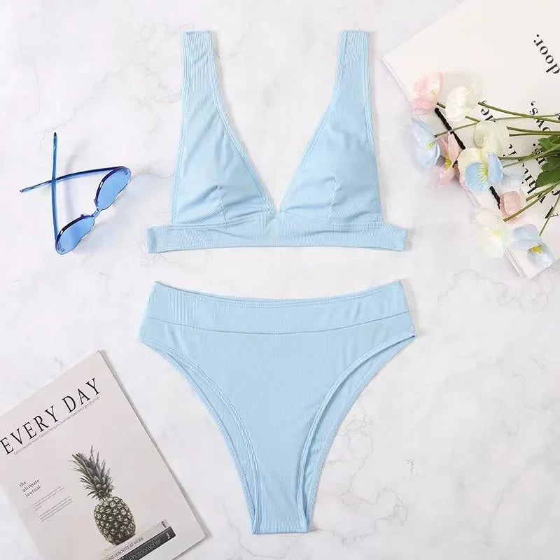 Maillots de bain deux pièces col en v côtelé pour femmes