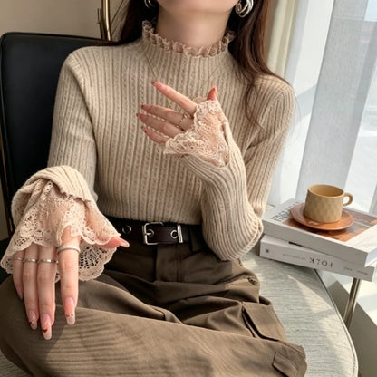 Pull Effet Deux Pièces Femme – Dentelle, Col Roulé et Volants