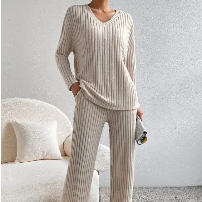 Ensembles 2 pièces pantalons décontractés à jambe droite + hauts élégants en maille à rayures  pour femmes
