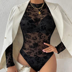 Body sexy à manches longues et col montant en maille transparente pour femmes