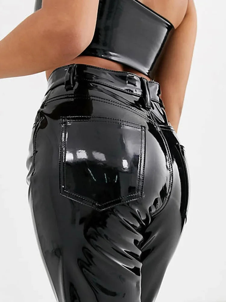 Pantalon Taille Haute en Similicuir Brillant avec Poches