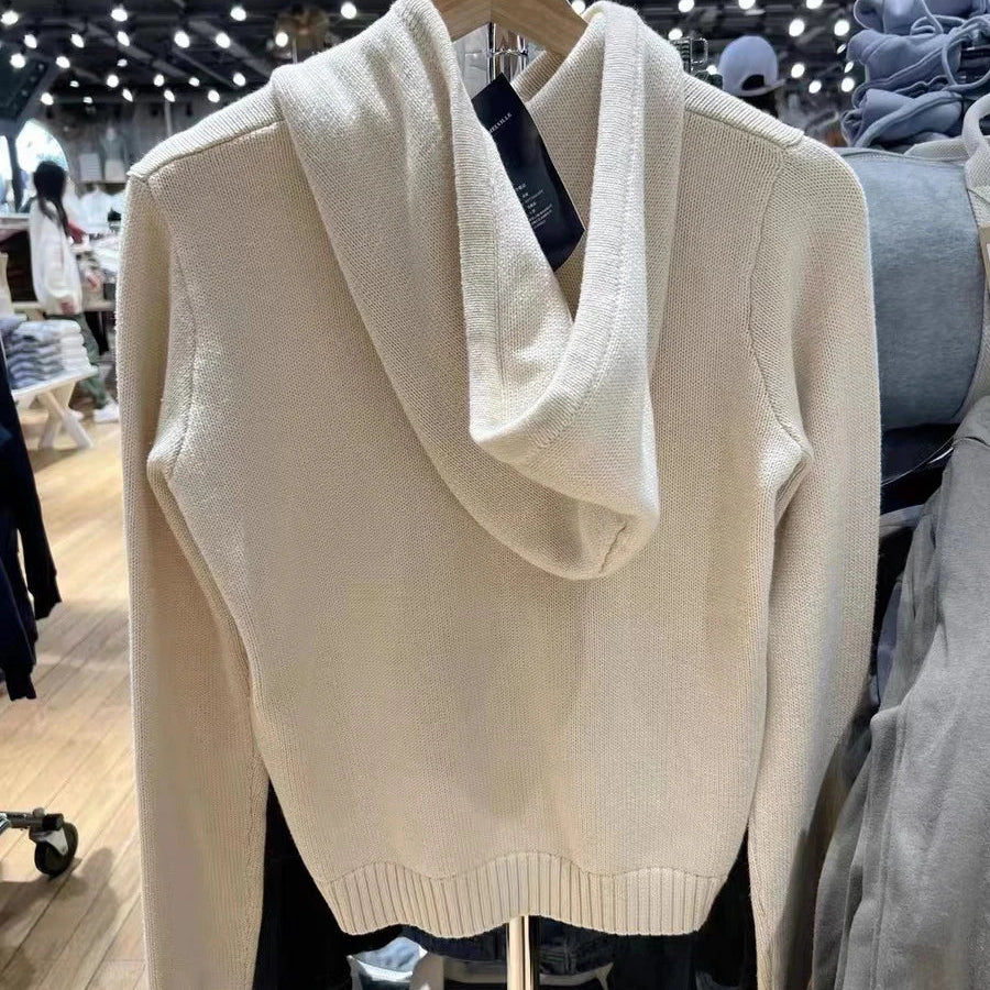 Cardigan tricoté en coton à capuche avec cordon de serrage et fermeture éclair pour femmes