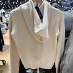 Cardigan tricoté en coton à capuche avec cordon de serrage et fermeture éclair pour femmes