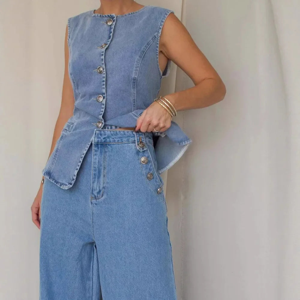 Ensemble gilet et pantalon en jean taille haute amincissant pour femmes