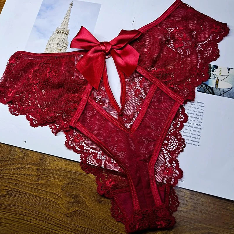 String  en dentelle transparente évidée  avec nœud pour femmes