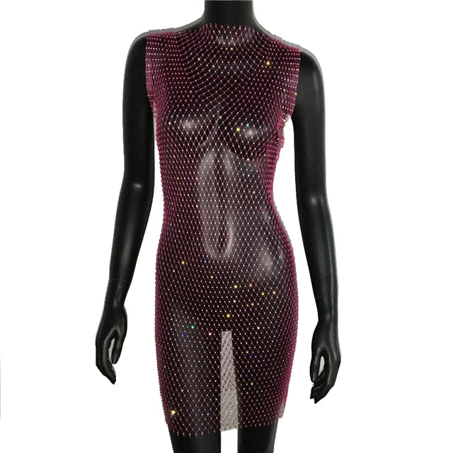 Robe de soirée en résille scintillante, strass, paillettes pour femmes