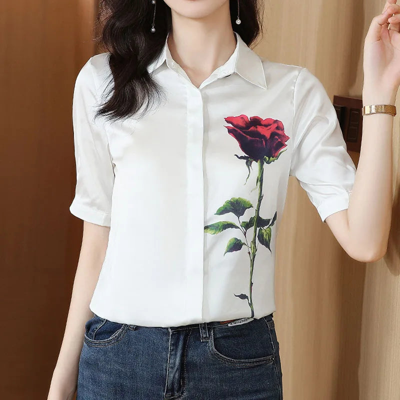 Chemise d'été à manches courtes et col rabattu pour femmes