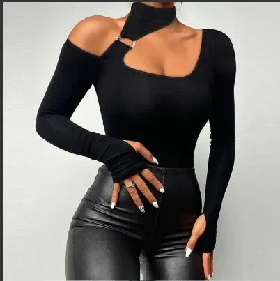 T-shirt à manches longues irrégulier en dentelle pour femmes
