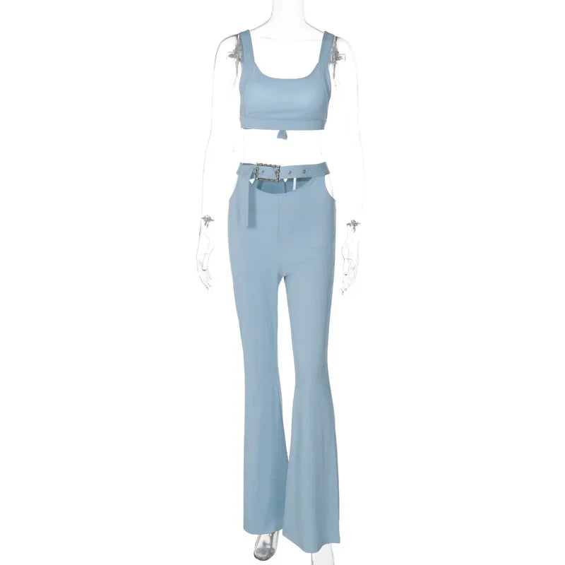 Ensemble deux pièces débardeur et pantalon évasé à taille découpée avec ceinture pour femmes