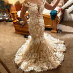 Robe de mariée sirène champagne à col rond pour femmes