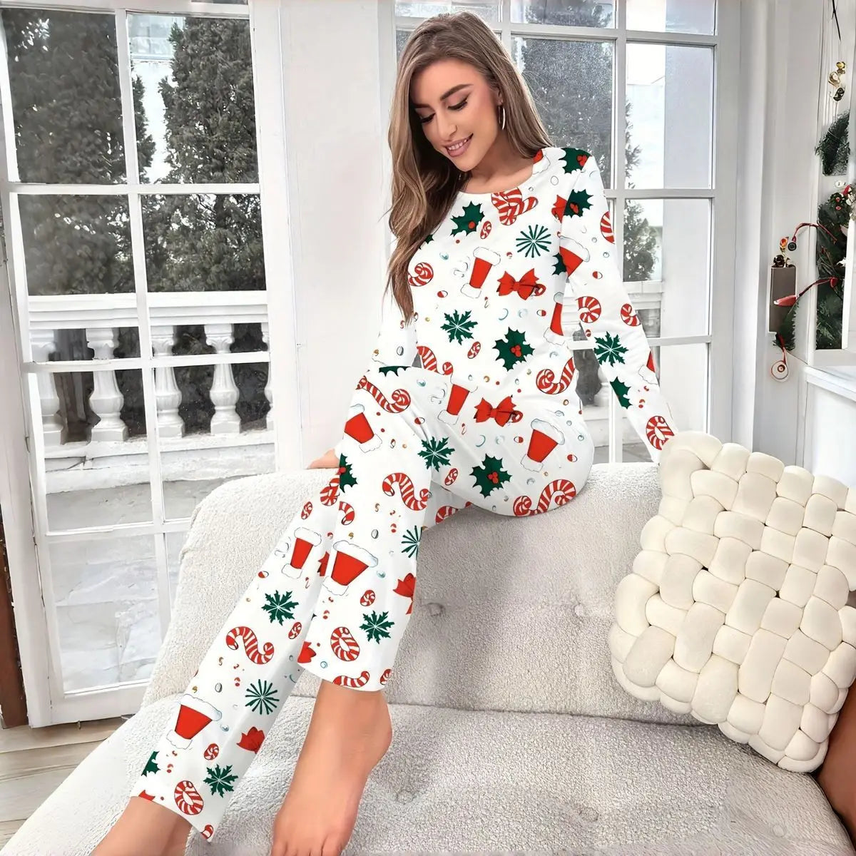 Pyjama de Noël Fleuri Femme – Haut Manches Longues et Pantalon