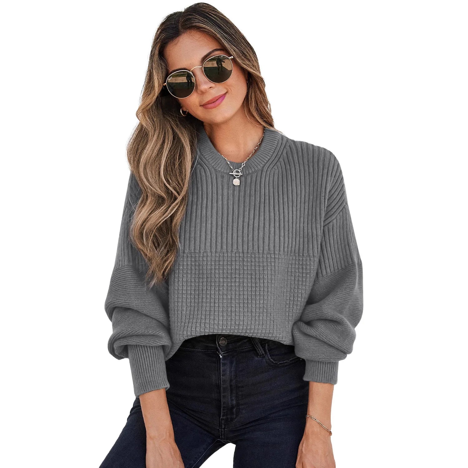 Pull en tricot décontracté à manches longues et col rond pour femmes
